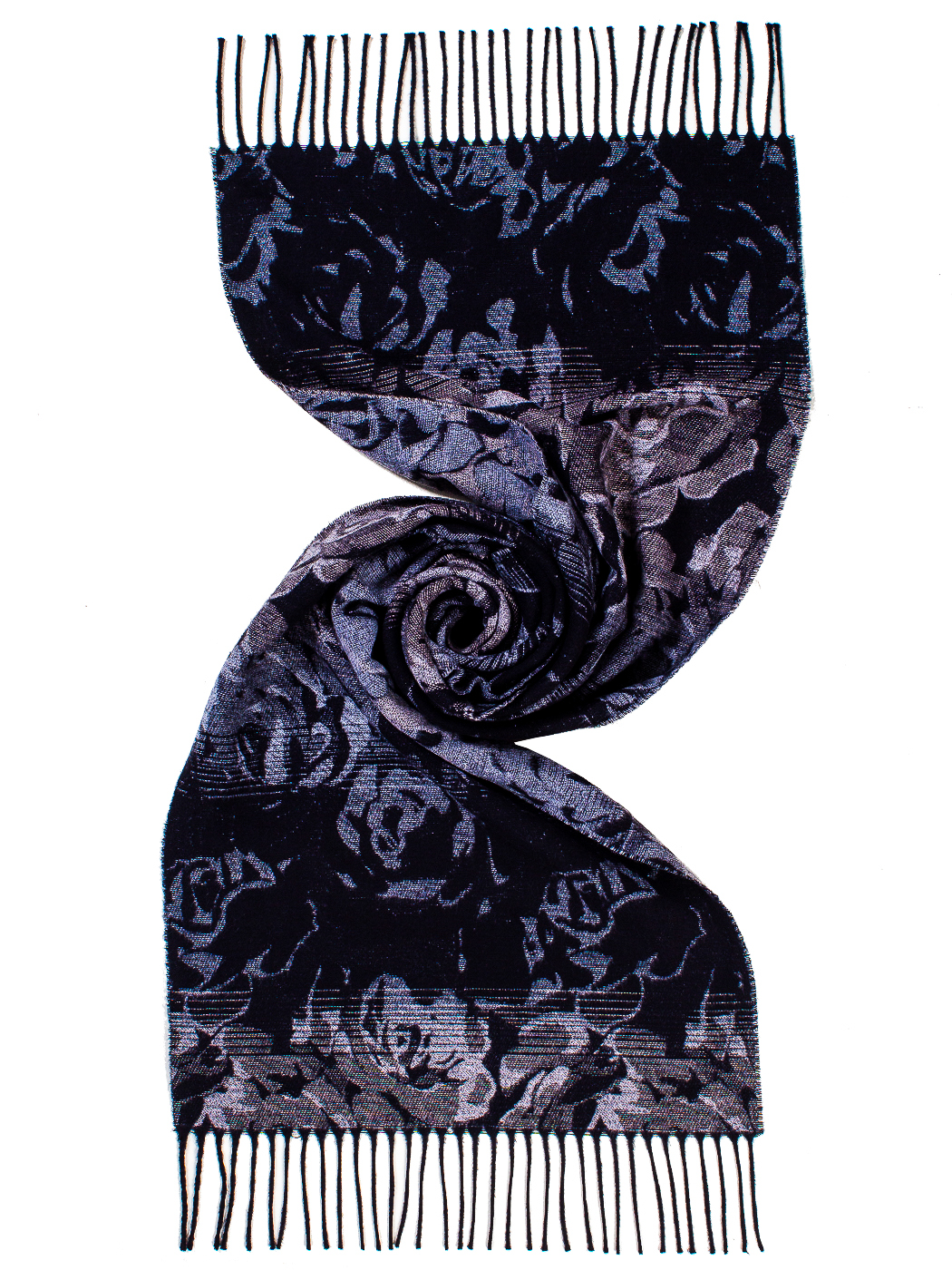 STOLA JACQAUARD FLOWER CON FRANGE 100%PC MADE IN ITALY    - BLACK